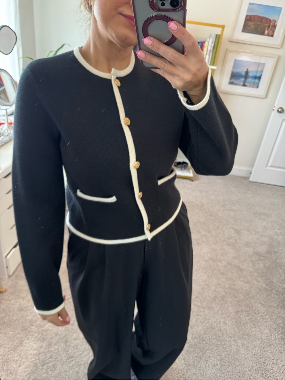 Abercrombie & Fitch Black Knit Cardigan with Cream Trim medium